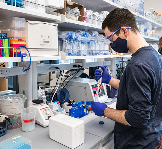 Two people study a plant in a greenhouse.